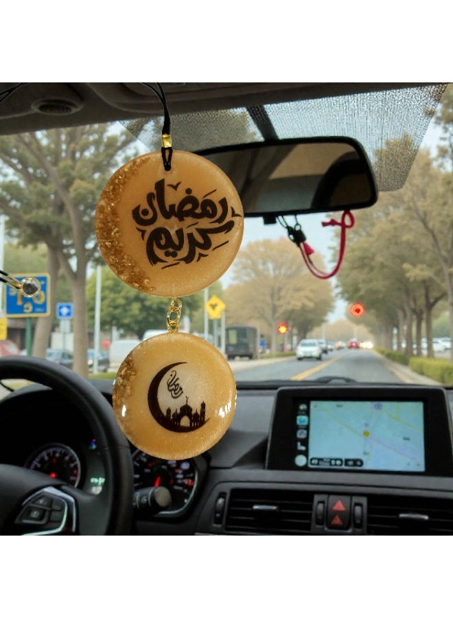 تعليقة سيارة رمضانية بتصميم إسلامي، زينة رمضان كريم مع هلال ومسجد، لون ذهبي - Image 1